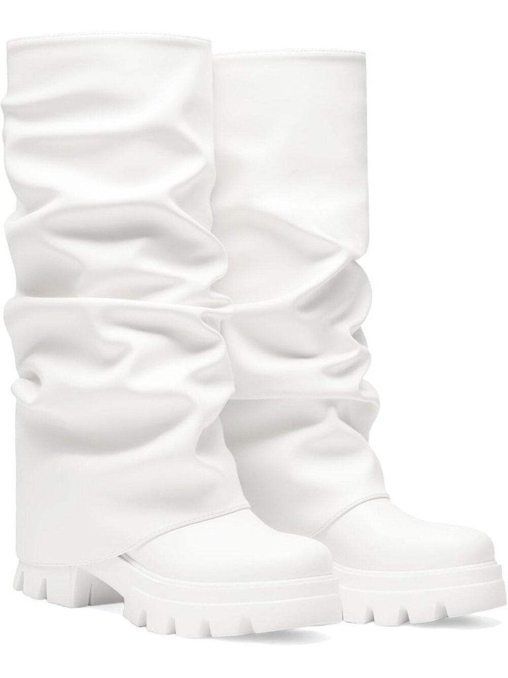 Women's White Platform Fold Over Slouch Mid Calf Fashion Y2K Knee High Boots - Picture 5 of 7